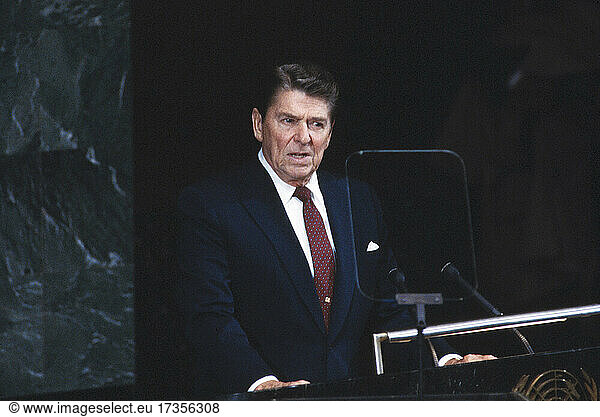 U.S. President Ronald Reagan during Speech to United Nations General Assembly  New York City  New York  USA  Bernard Gotfryd  September 1983
