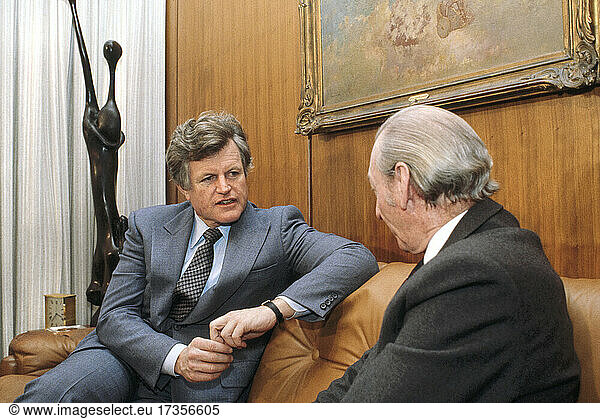 U.S. Senator from Massachusetts Edward Kennedy meeting with U.N. Secretary-General Kurt Waldheim  United Nations  New York City  New York  USA  Bernard Gotfryd  1980