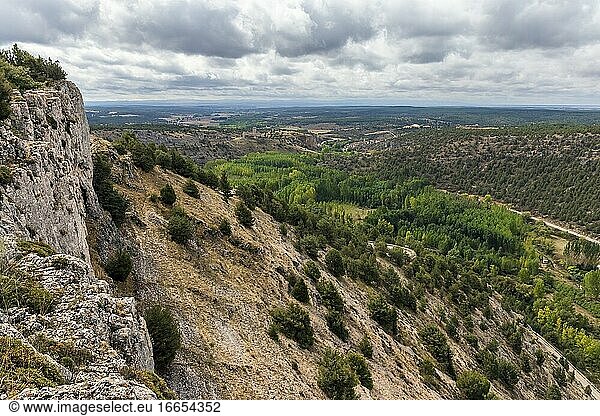 Ucero river and village from the Wolves gorge. Soria. Spain. Europe.