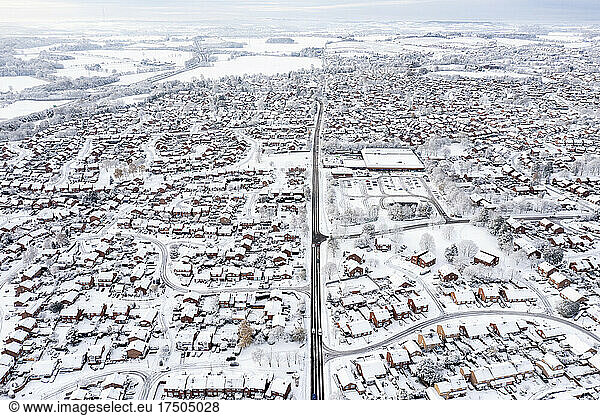 UK  England  Lichfield  Aerial view of snow-covered city