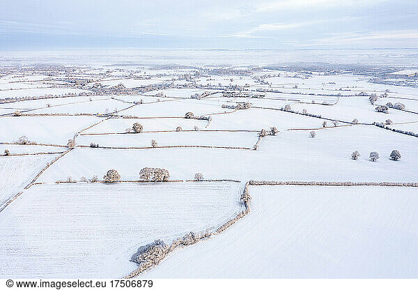 UK  England  Lichfield  Aerial view of snow-covered fields