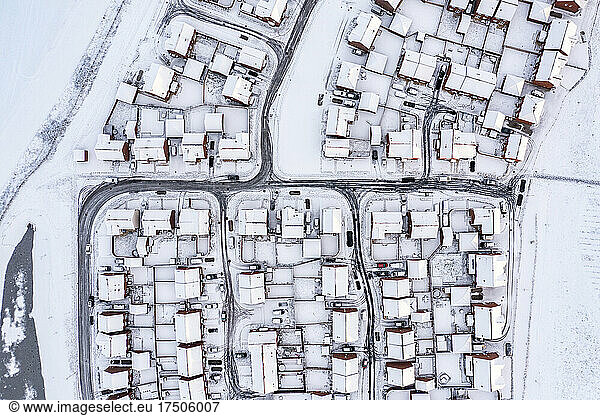 UK  England  Lichfield  Aerial view of snow-covered suburb