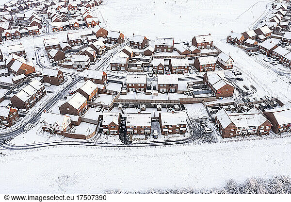 UK  England  Lichfield  Aerial view of snow-covered suburb