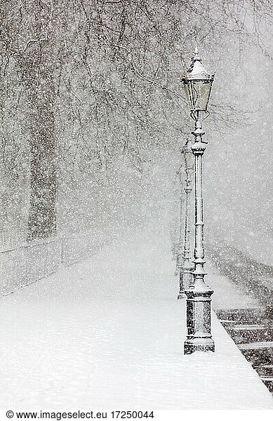 UK  England  London  Empty sidewalk during heavy snowfall