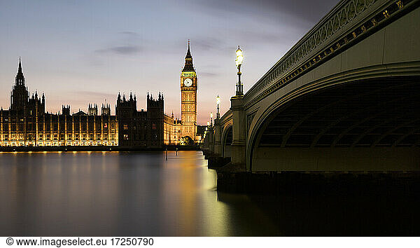 UK  England  London  Panorama of Westminster Bridge and River Thames at dusk with Palace Of Westminster in background