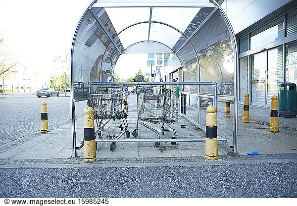 UK  England  London  Shopping carts abandoned under parking lot canopy