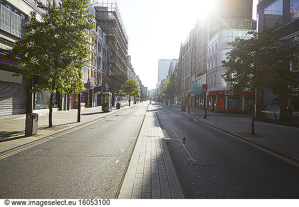 UK  England  London  Sun shining over empty Oxford Street