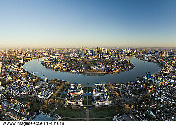 UK  London  Aerial view of Greenwich at dawn