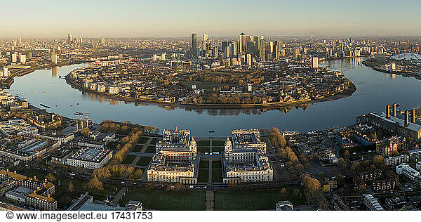 UK  London  Aerial view of Greenwich at dawn