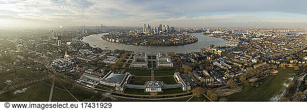 UK  London  Aerial view of Greenwich at dusk