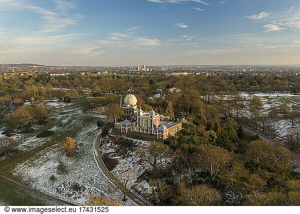 UK  London  Aerial view of Greenwich Royal Observatory at sunset in Winter