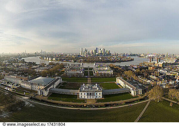 UK  London  Aerial view of Old Royal Naval College at dusk