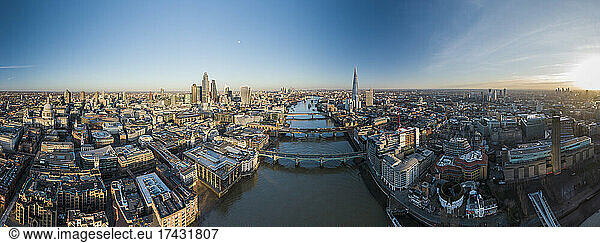 UK  London  Aerial view of River Thames and cityscape at sunset