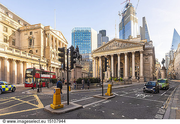 UK  London  Royal stock exchange with London Troops War Memorial and the Shard in the background