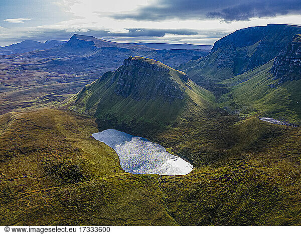 UK  Scotland  Aerial view of green mountainous landscape of Quiraing landslide