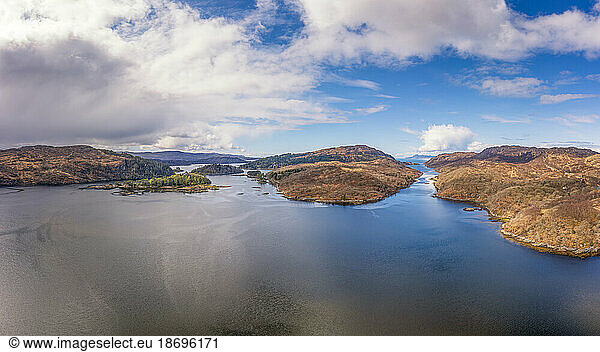 UK  Scotland  Aerial view of Loch Moidart with Eilean Shona island in center