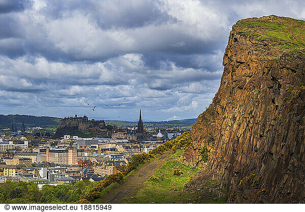 UK  Scotland  Edinburgh  View from Holyrood Park with Salisbury Crags cliff in foreground