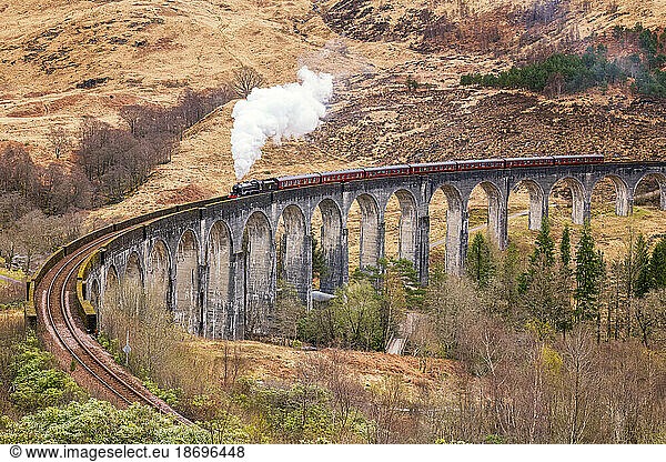 UK  Scotland  Jacobite steam train crossing Glenfinnan Viaduct
