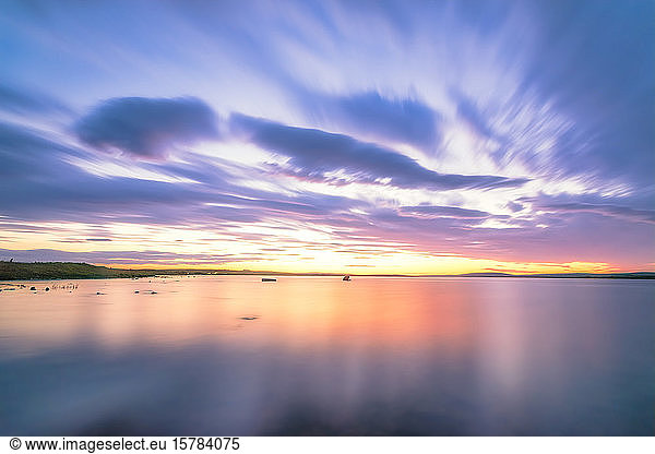 UK  Scotland  Mainland  Long exposure of Loch of Harray at purple sunset