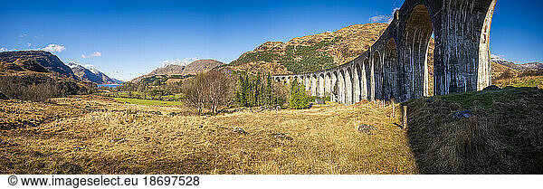 UK  Scotland  Panoramic view of Glenfinnan Viaduct
