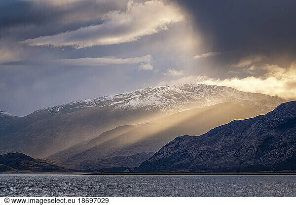 UK  Scotland  Setting sun illuminating Loch Linnhe