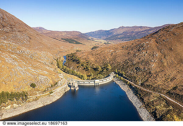 UK  Scotland  Strathpeffer  Aerial view of Monar Hydroelectric Dam and surrounding landscape