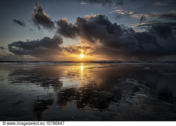 UK  Wales  Pembrokeshire  Freshwater West beach at dramatic sunset