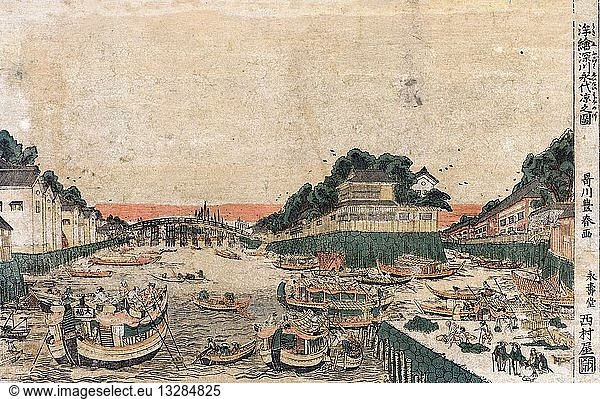 Ukie Fukagawa eitai suzumi no zu; Perspective view of enjoying the evening cool in Fukagawa. By Toyoharu Utagawa; 1735-1814. Print shows many boats; large and small; in the waterways at Fukagawa-shi; Japan