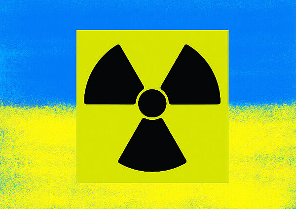 Ukraine conflict  illustration  International warning sign for radioactivity in the national colours of Ukraine