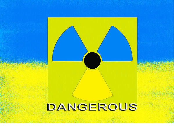 Ukraine conflict  illustration  international warning sign for radioactivity in the national colours of Ukraine and the word Dangerous