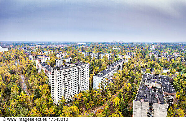 Ukraine  Kyiv Oblast  Pripyat  Aerial view of abandoned city in autumn
