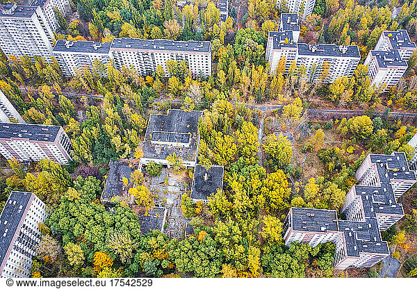 Ukraine  Kyiv Oblast  Pripyat  Aerial view of rooftops of abandoned city in autumn