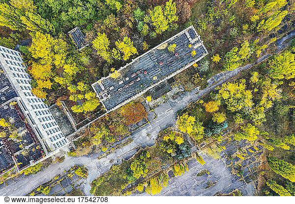 Ukraine  Kyiv Oblast  Pripyat  Aerial view of rooftops of abandoned city in autumn
