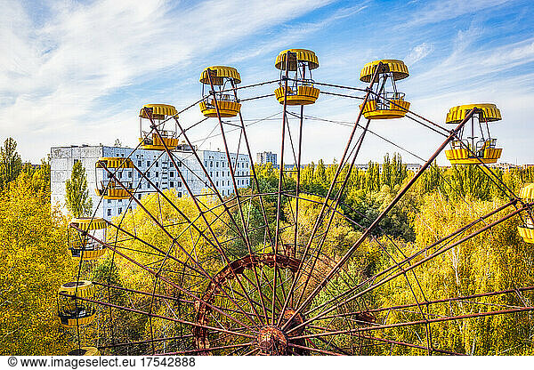 Ukraine  Kyiv Oblast  Pripyat  Drone view of abandoned Ferris wheel in Pripyat Amusement Park