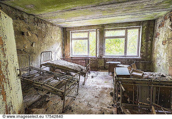 Ukraine  Kyiv Oblast  Pripyat  Interior of long abandoned hospital