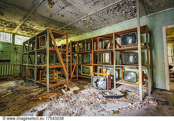 Ukraine  Kyiv Oblast  Pripyat  Interior of long abandoned TV store