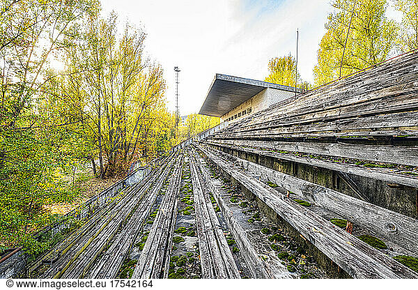 Ukraine  Kyiv Oblast  Pripyat  Wooden bleachers of abandoned Avanhard Stadium