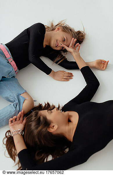 Ukrainian happy sisters hug each other. Concept of love and peace