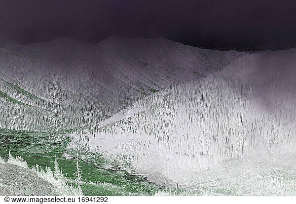 Umgekehrtes Bild einer alpinen Bergkette und eines Tals  entlang des Pacific Crest Trail