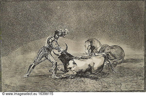 Un caballero espanol mata un toro despues de haber perdido el caballo