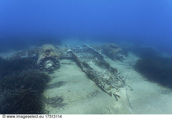 Underwater view of sunken airplane wreck