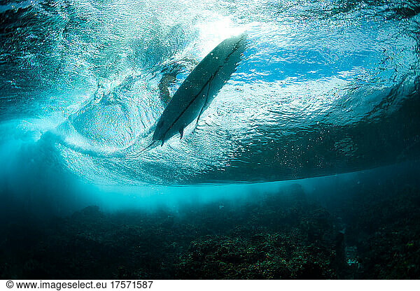 Underwater view of surfer in clear wave