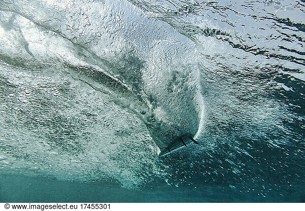Underwater view of surfer on a wave
