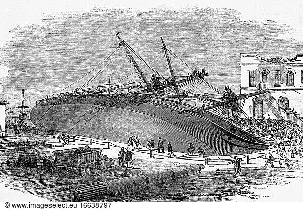 Unfall der H. M. S. Perseverance in der Woolwich-Werft  London  England. 1855. Antike Illustration. 1867.