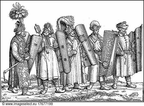 Ungarische Krieger  die Krieger haben große Setzschilde und Streitkolben  Ungarn  ca 1460  Historisch  digital restaurierte Reproduktion einer Vorlage aus dem 19. Jahrhundert  genaues Datum unbekannt  Europa