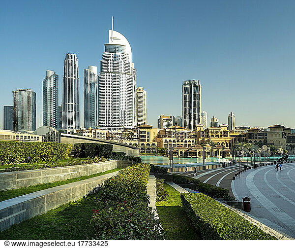 United Arab Emirates  Dubai  Burj Park in summer with skyscrapers in background