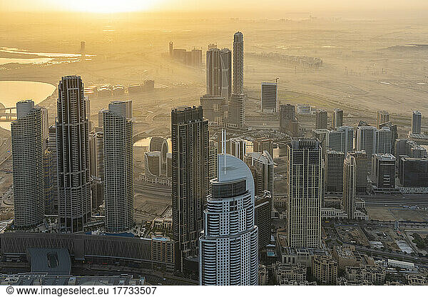 United Arab Emirates  Dubai  Business Bay at foggy sunrise
