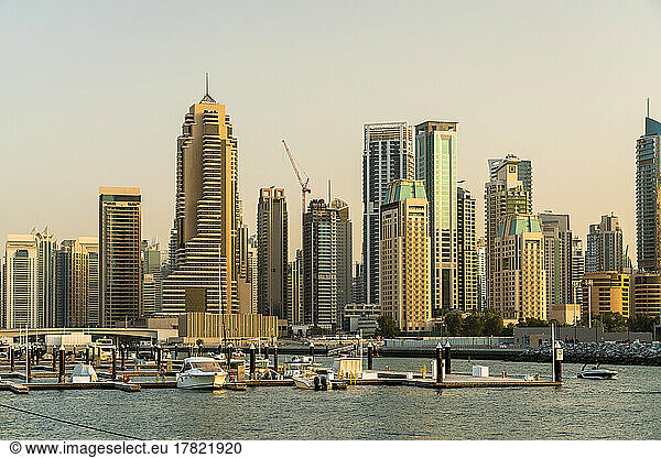 United Arab Emirates  Dubai  Dubai Marina with tall skyscrapers in background