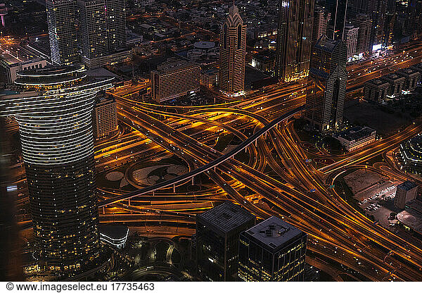 United Arab Emirates  Dubai  Traffic on downtown interchange at night