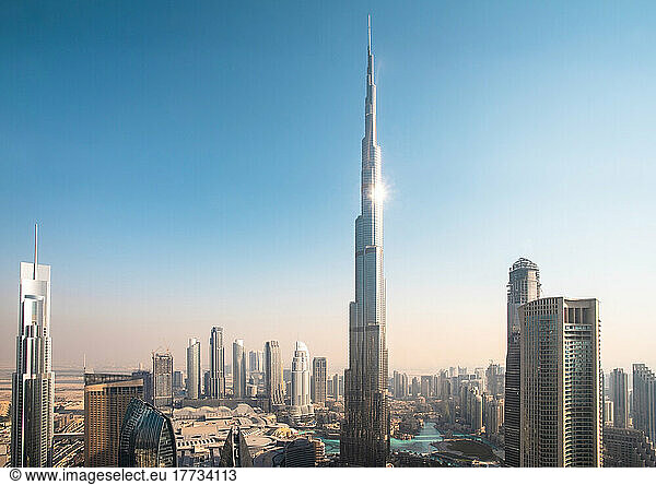 United Arab Emirates  Dubai  View of Burj Khalifa and surrounding skyscrapers